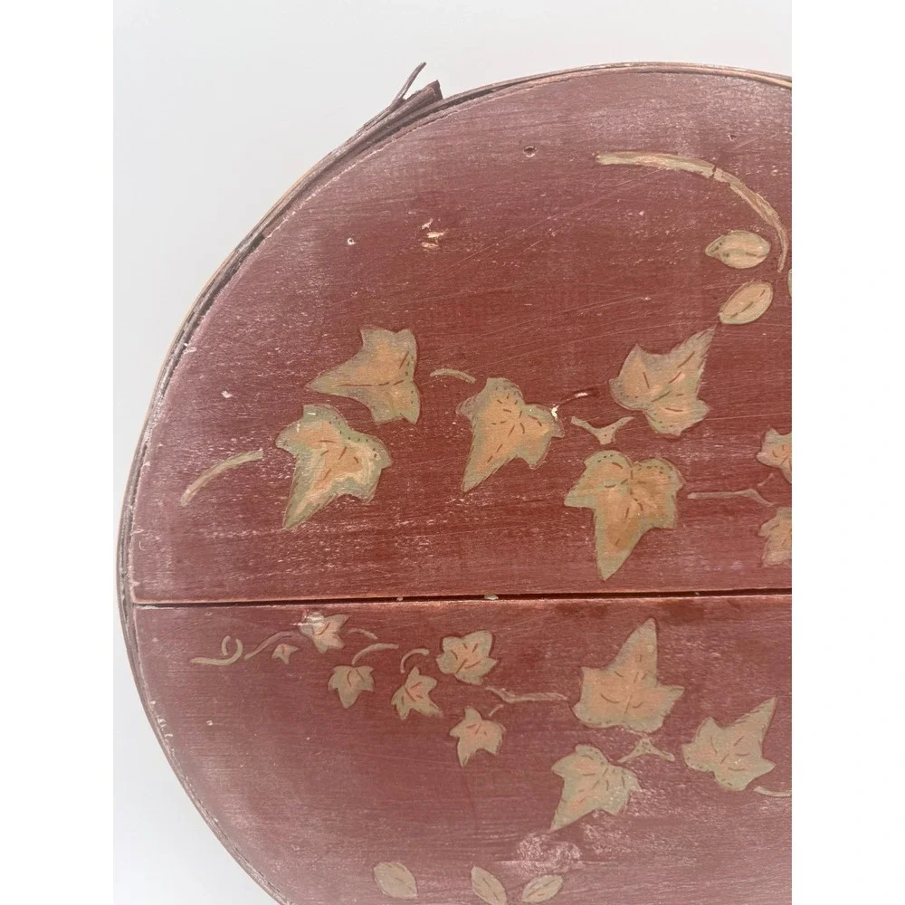Vintage 1930s Bentwood Hat Box Hand Painted Ivy Leaf Round Storage 15 Inch Wide